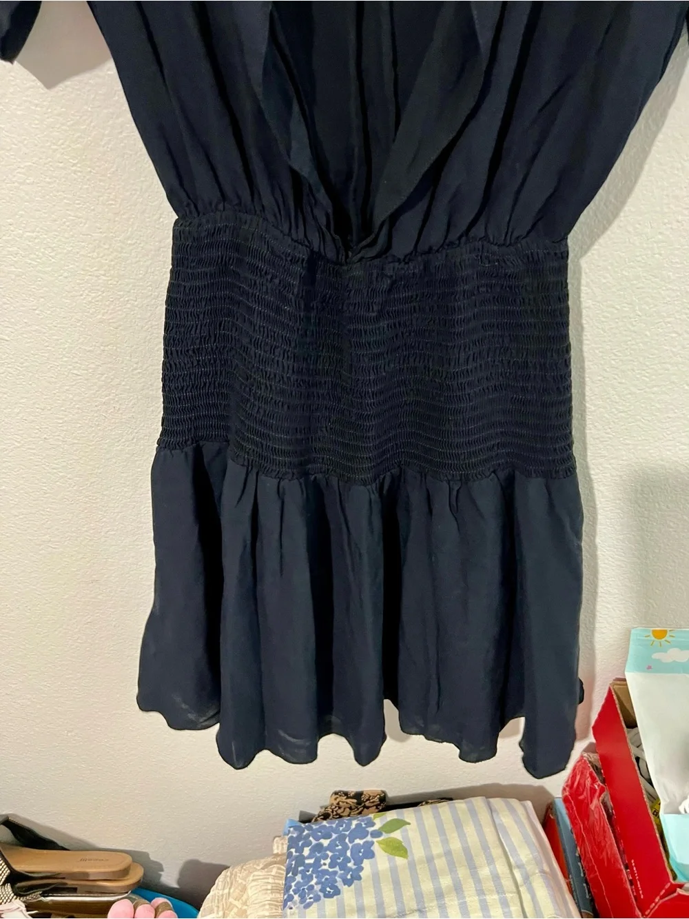 Free People Navy Blue Smocked-Waist Puff Sleeve Mini Dress